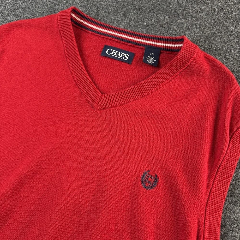 Chaps Sweater Vest Mens Large Red V-Neck Pullover Embroidered Logo Casual EUC